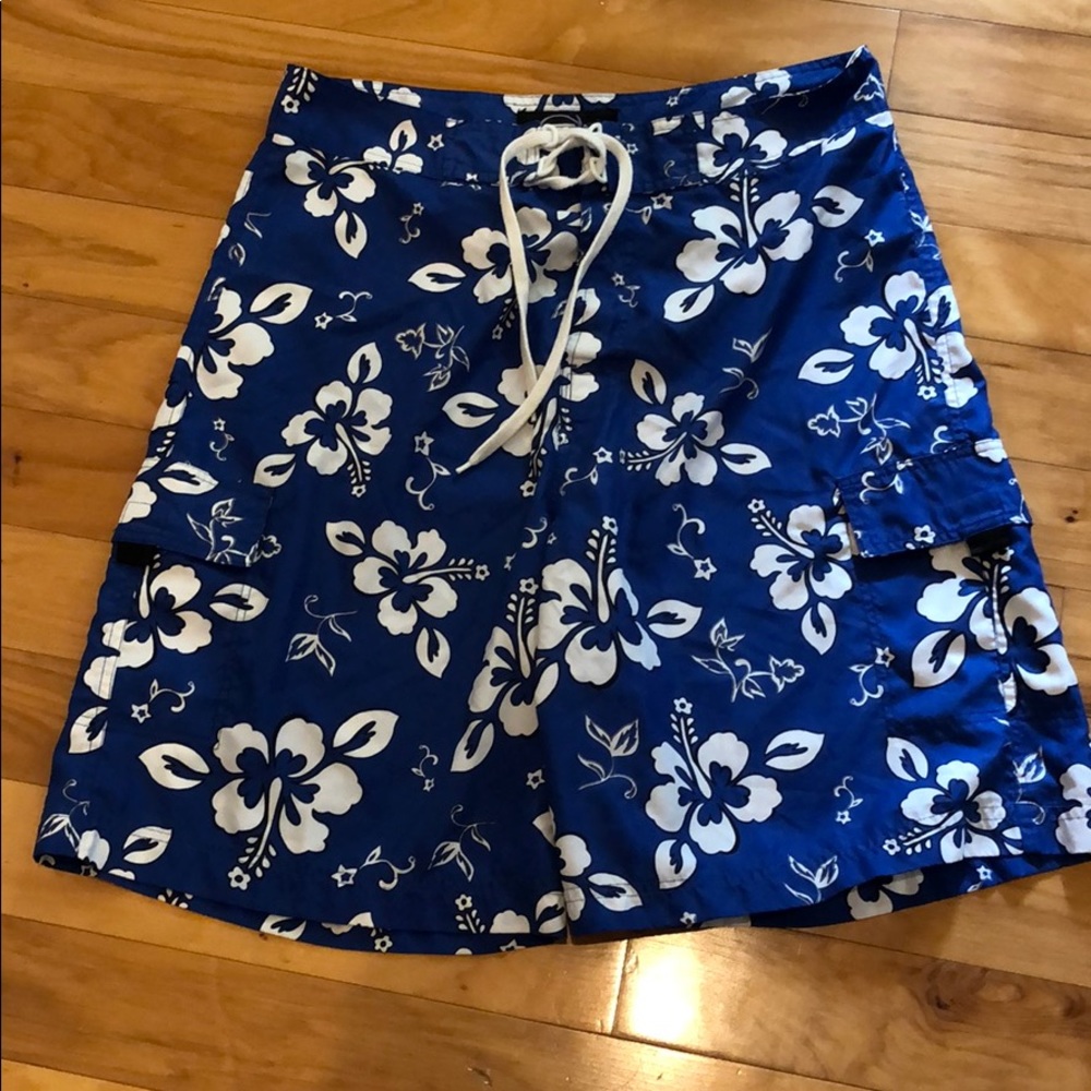 Blue Hawaiian Print Board Shorts